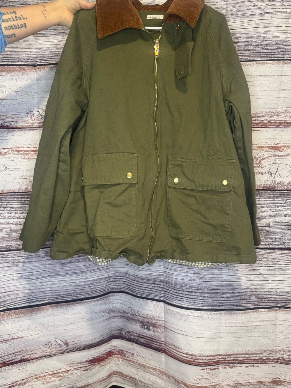 Loom In Olive Green jacket with corduroy collar, large
